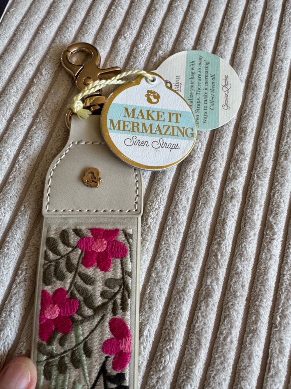 Spartina 449 Beige Strap Key & Card Holder with Pink Floral Embroidery